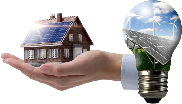 Solar-powered home and renewable energy lightbulb illustration